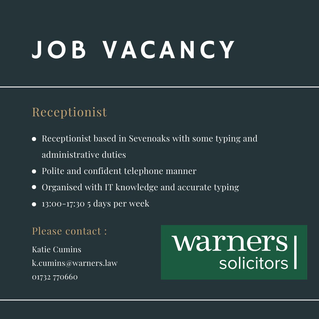 We are looking for a receptionist to join our team in Sevenoaks. For more information, please contact Katie Cumins k.cumins@warners.law

#sevenoaks #sevenoaksjobs