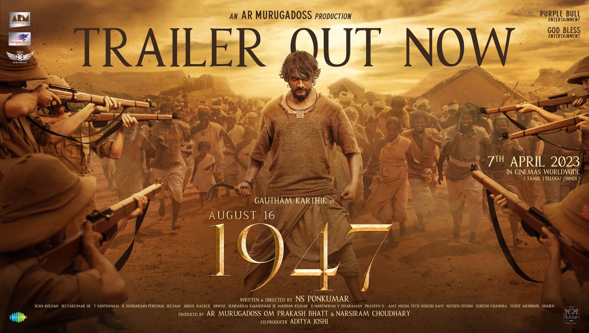 Gautham_Karthik's tweet photo. Glad to release the trailer of #1947AUGUST16 ! 

A story of love, sacrifice, and the fight for freedom. 

https://t.co/Hm7NyHMSDZ

Brace yourself for an emotional rollercoaster! 🔥 🇮🇳 

IN CINEMAS Worldwide on 7th APRIL 2023. https://t.co/bHKf1z5n64