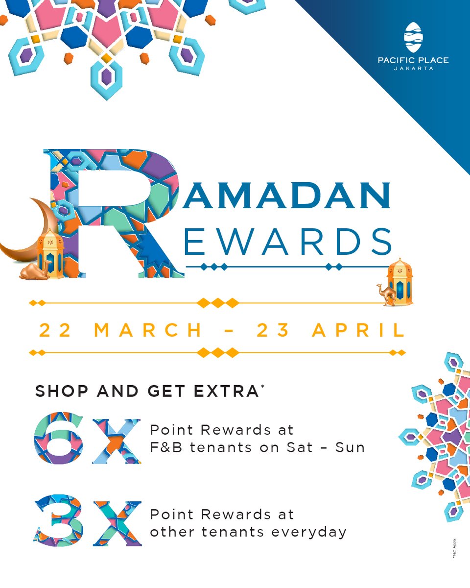 Exclusively for #PACIFICPrivilege Members, Ramadan Rewards got you covered! 

Shop &amp; get extra* 6X Point Rewards at F&amp;B tenants on Sat - Sun &amp; Public Holiday and 3X Point Rewards at other tenants everyday. Program period from 22 March - 23 April 2023

*T&amp;C Apply