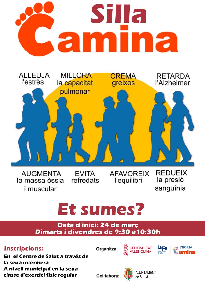 HospitalLaFe's tweet photo. 🚶‍♂️🚶‍♀️La práctica de la actividad física previene enfermedades crónicas e incrementa la calidad de vida
✅Únete al proyecto Silla Camina los martes y viernes de 09:30 a 10:30h. ¡Te esperamos! #CadaPersonaSumaLaFe  #HortaCamina https://t.co/E3orZDdJYi
