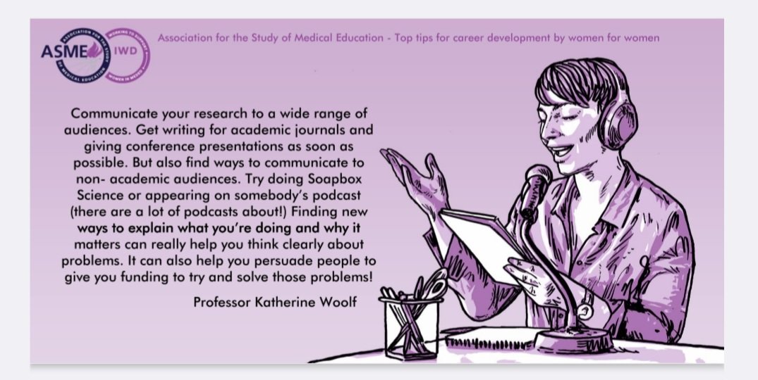 My #iwd2023 career top tip for  #MedEd Research: 

Communicate your research to a wide range of audiences

More tips on <a href="/asmeofficial/">Association for the Study of Medical Education</a>
