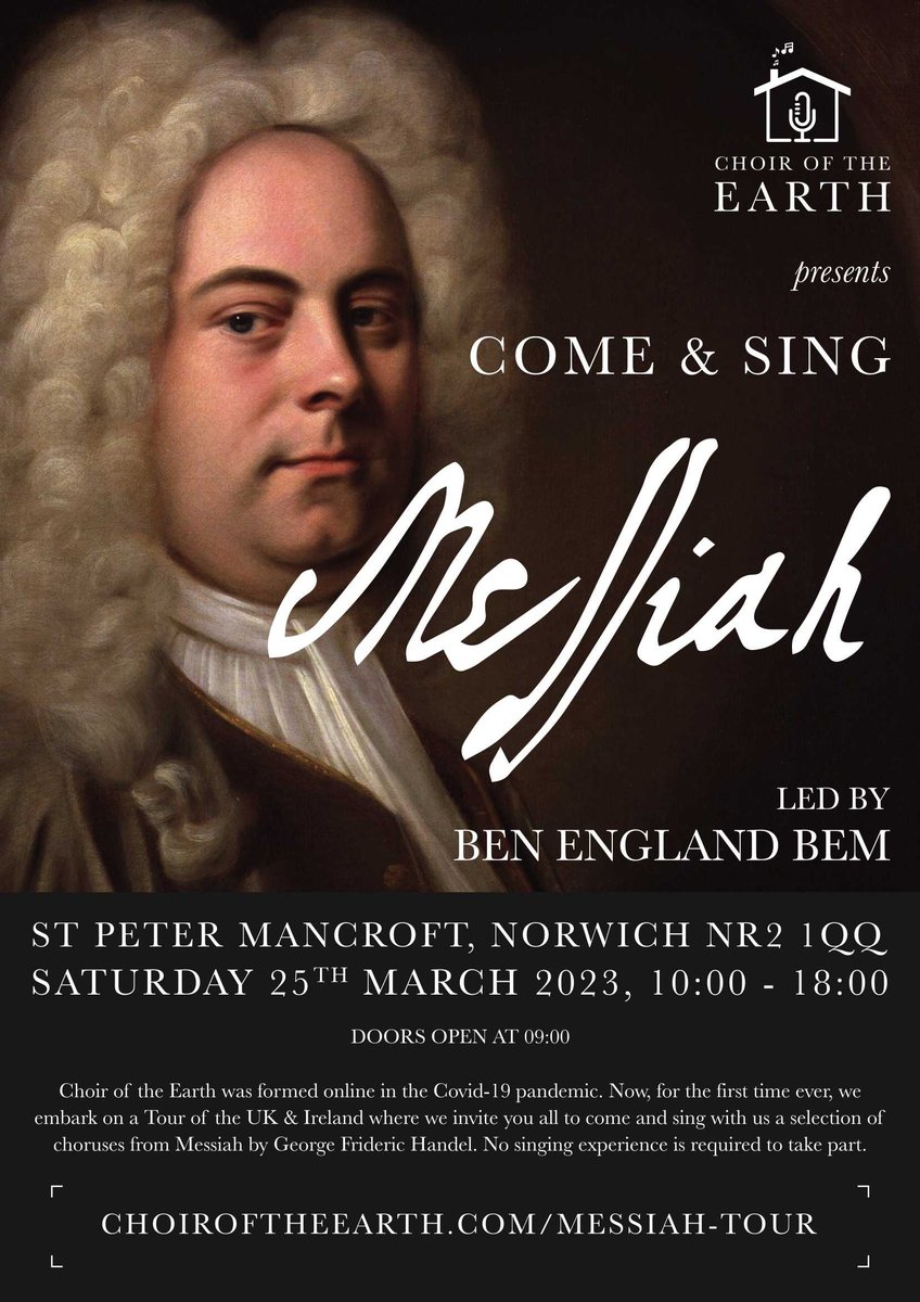 We have a very exciting Saturday here in church with a come and sing event with @ChoirOfTheEarth  this Saturday 25th March. For more information and to book go to this link choiroftheearth.com/messiah-tour