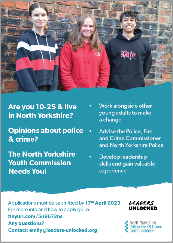 Are you 10-25 &amp; live in North Yorkshire?
Opinions about police &amp; crime?
The North Yorkshire Youth Commission Needs You!
Start your journey: northyorkshire-pfcc.gov.uk/for-you/young-…
<a href="/NorthYorksYC/">NY Youth Commission</a>