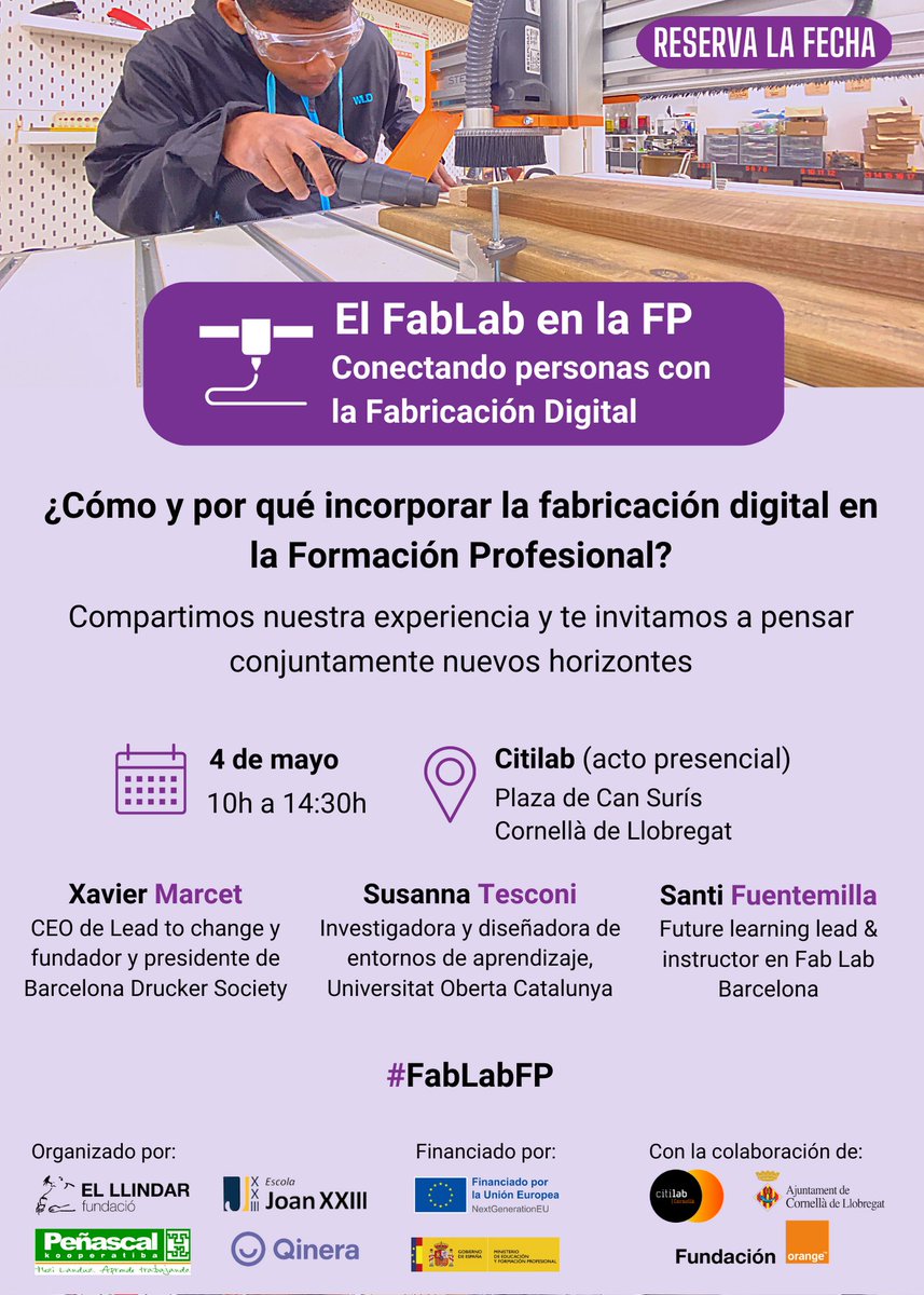 El_Llindar's tweet photo. 📆 RESERVA LA FECHA 📢

¿Cómo y por qué incorporar la fabricación digital en la FP? 

📅 4 de mayo de 10h a 14:30h
📍Citilab, Cornellà de Llobregat

🔗 ¡Reserva tu plaza! 👉 https://t.co/1C5Ewe3hkC

¡Os esperamos! 🙌 https://t.co/i3ERm9Bilc