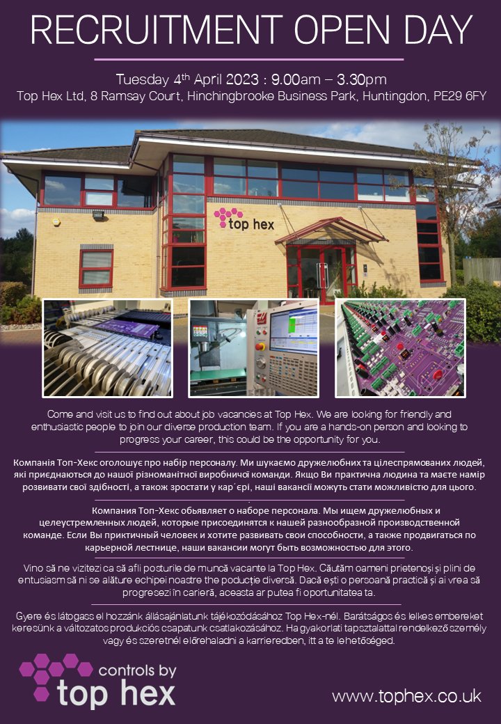 HexLtd's tweet photo. We are looking for people to join our production team. Experience is not necessary, but a willingness to learn is essential for the role. Visit us for a tour of Top Hex and to meet the staff. Interviews will be available. #recruitment #Cambridgeshire #electronicdesign #A14  #A1 https://t.co/bG8Uf0gc6q
