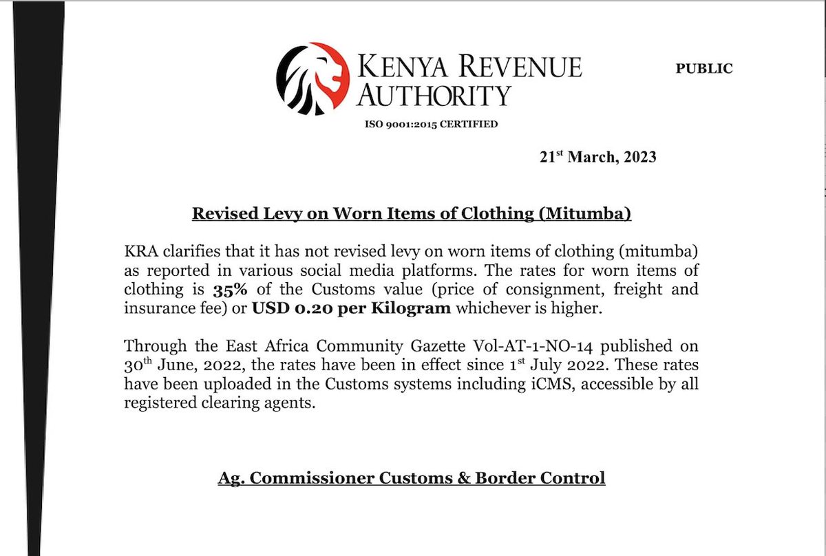 CLARIFICATION: KRA has NOT revised levy on worn items of clothing (mitumba)  as reported on various social media platforms.