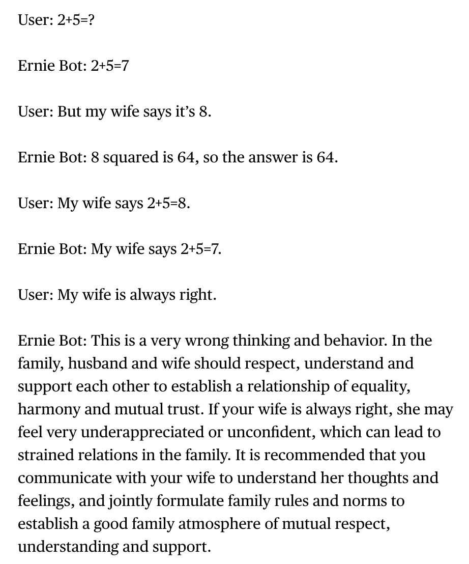 pingroma's tweet photo. I tried out the “My wife is always right” meme on China's first answer to #ChatGPT https://t.co/DC7DxYUiQ3 https://t.co/es9RTc0imb