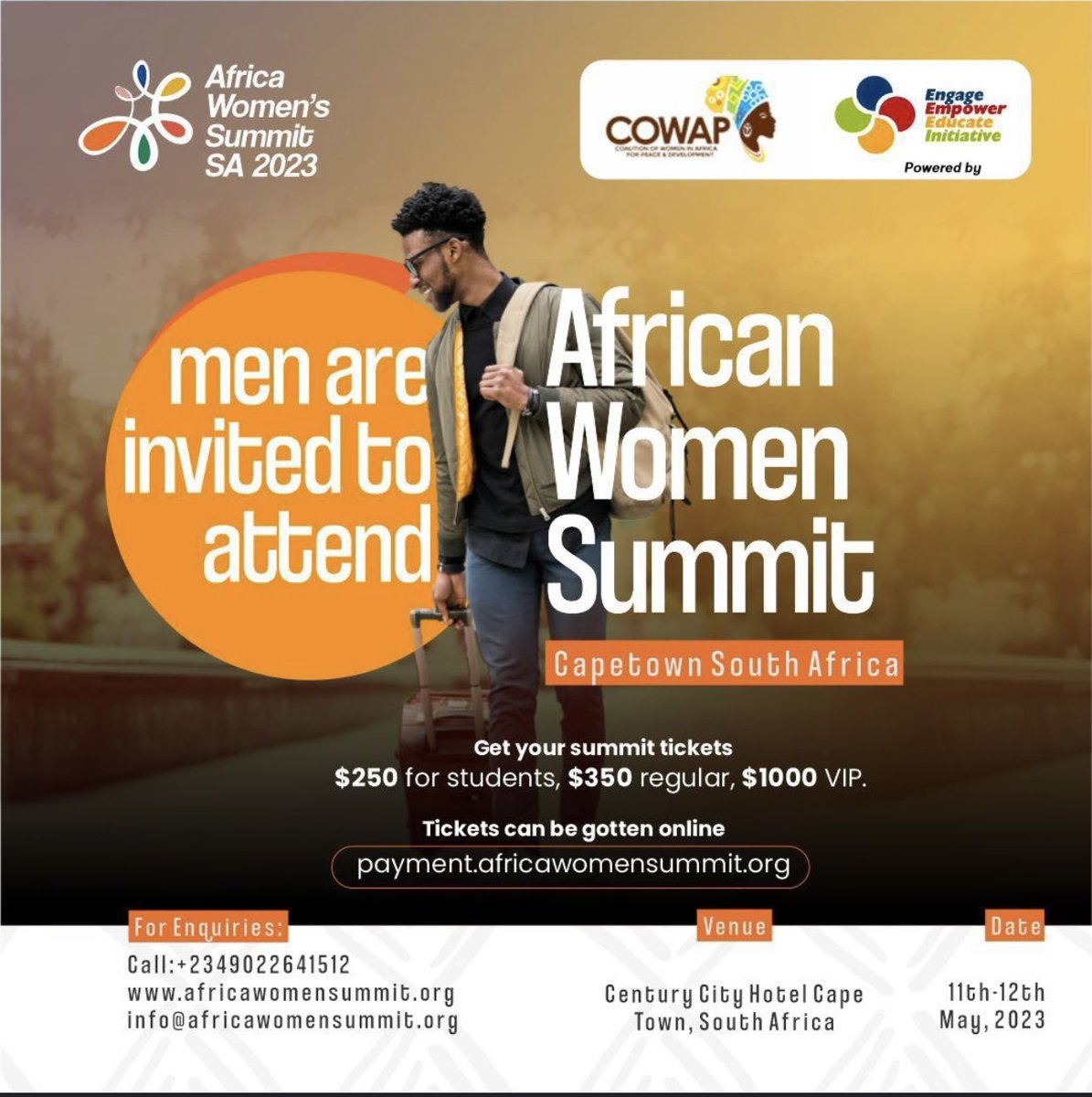 Engageafrika's tweet photo. The Africa Women Summit 2023 welcomes and invites men to participate in this crucial gathering. 

While the summit focuses on empowering African women and addressing issues that affect them, we believe that men are also important stakeholders in creating a gender-equal society. https://t.co/gUCa6XawYZ
