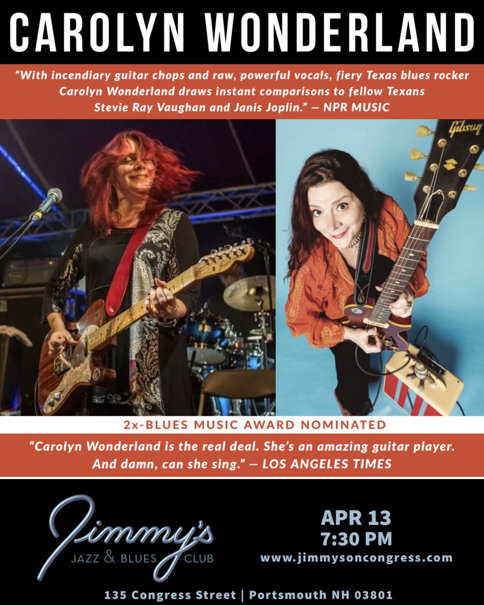 Jimmy's Jazz &amp; Blues Club Features 2x-Blues Music Award Nominated Guitarist, Singer &amp; Songwriter CAROLYN WONDERLAND on Thursday April 13 at 7:30 P.M.