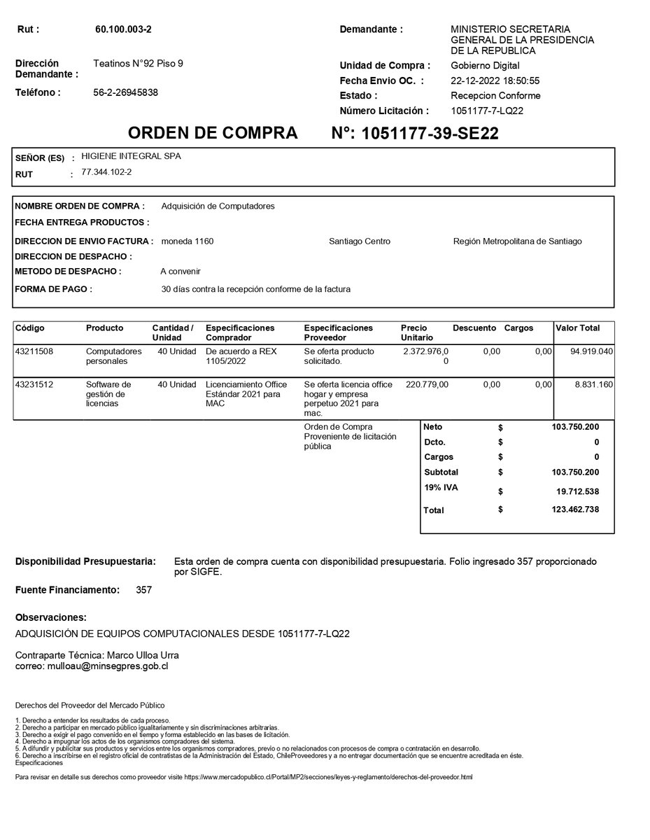 gene_llerena's tweet photo. La ministro sra VALLEJOS, ¿nos explica pq compró a una empresa denominada HIGIENE INTEGRAL SPA computadores por un monto de $123.462.738?¿q tiene q ver la higiene con computadores? 🤔🤔🤔 https://t.co/bUCkWVuRuf