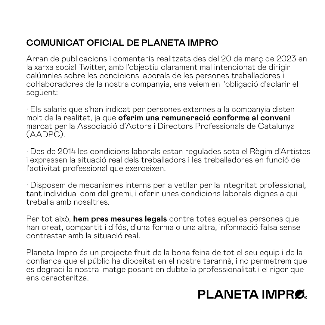 PLANETAIMPRO's tweet photo. 📌 Comunicat oficial de #PlanetaImpro https://t.co/iOG4tkvjwD