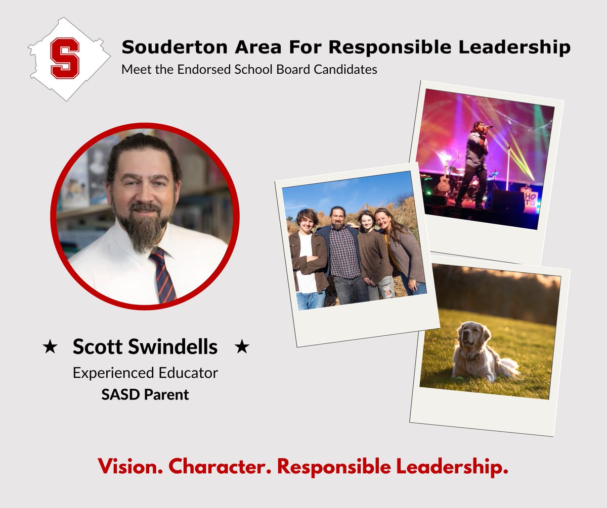 SoudertonAFRL's tweet photo. Meet Scott Swindells! 

Scott Swindells is a parent of two SASD students, a longtime resident of Lower Salford, and a high school English teacher in his t21st year at neighboring North Penn School District. Read all about Scott and the other candidates at https://t.co/1tI6KbbnCR https://t.co/Xg0rjOI277