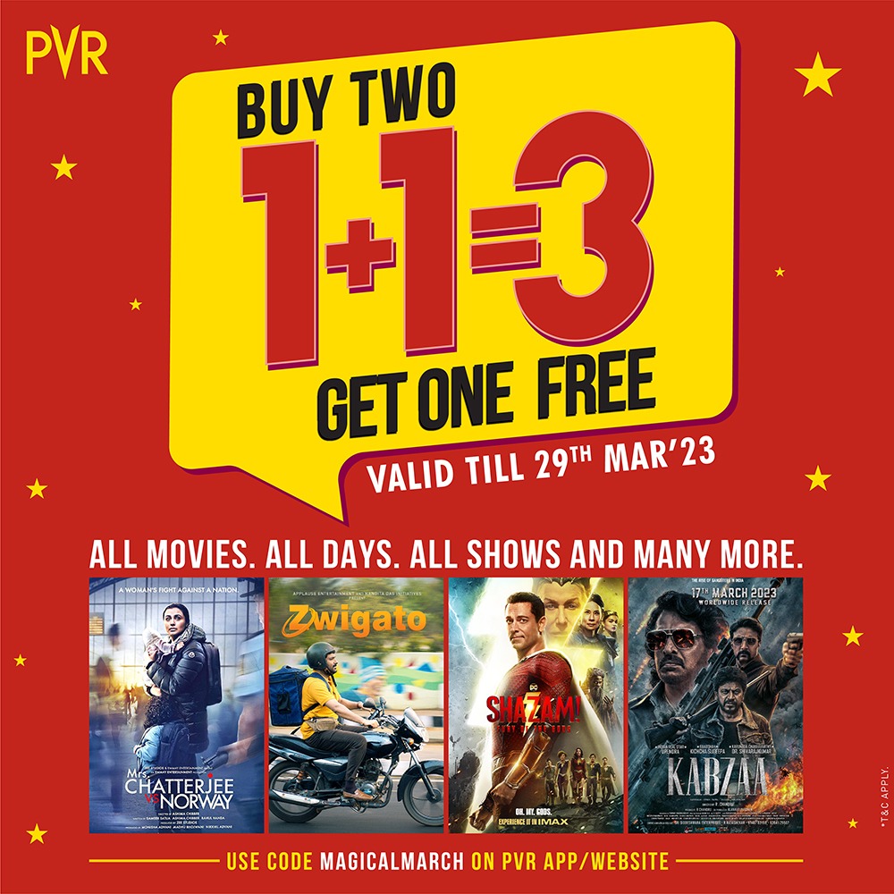 _PVRCinemas's tweet photo. We’re here with an amazing offer to help you indulge in some quality entertainment!
Buy two tickets and get one FREE when you use the code MAGICALMARCH while booking tickets via the #PVRapp / website.
Book Now: https://t.co/xjsmSdY2Nj
#OffersAtPVR #2Plus1Offer #Buy2Get1Free https://t.co/QvW2pZGgeA