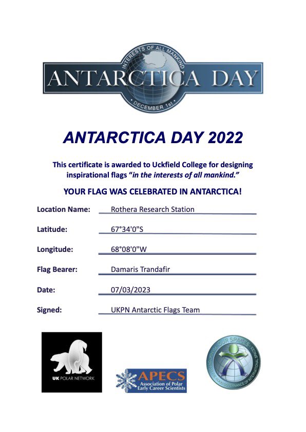 UckfieldCollege's tweet photo. Earlier this year all yr 7 geographers were given the opportunity to design a flag for Antarctica. Only one design could be sent to Antarctica and the chosen design was created by Katie P in 7C. It was taken to Rothera Research station. #UckfieldCollege. https://t.co/vCGYpmBv9U