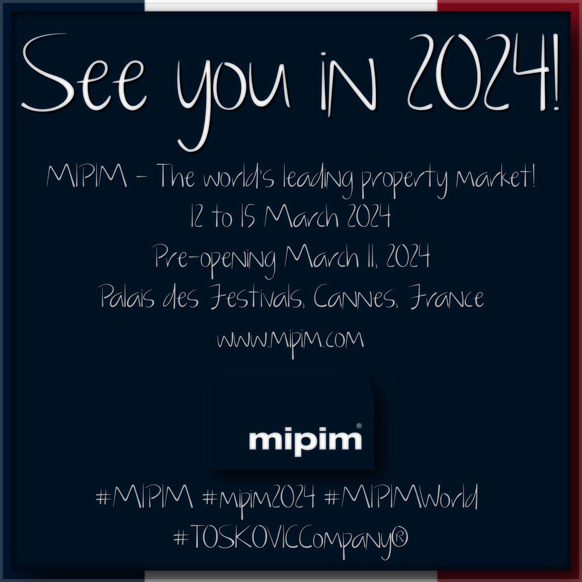 TOSKOVIC Company® (@toskoviccompany) on Twitter photo See you next year…
MIPIM - The world's leading property market!
12th to 15th March 2024
Pre-opening 11th March 2024
Palais des Festivals, Cannes, France 
#Cannes #France  
#MIPIM #MIPIM2024 #MIPIMWorld 
TOSKOVIC Company® 
TOSKOVICRealEstate.com
#TOSKOVICCompany® See you next year…
MIPIM - The world's leading property market!
12th to 15th March 2024
Pre-opening 11th March 2024
Palais des Festivals, Cannes, France 
#Cannes #France  
#MIPIM #MIPIM2024 #MIPIMWorld 
TOSKOVIC Company® 
TOSKOVICRealEstate.com
#TOSKOVICCompany®