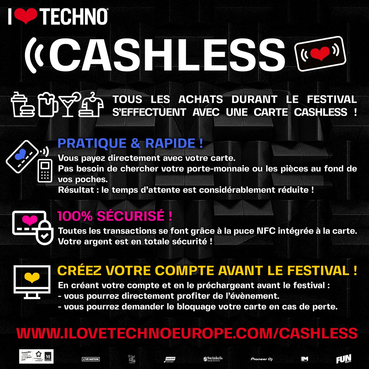 Cette année, le paiement au festival se fait avec une carte cashless 💳Pour ne pas perdre de temps (c’est pas le tout mais on a des heures de danse à assurer ❤️‍🔥), pensez à recharger votre carte AVANT de débarquer. 
➡️ ilovetechnoeurope.com/cashless/

#ILT #ilovetechno