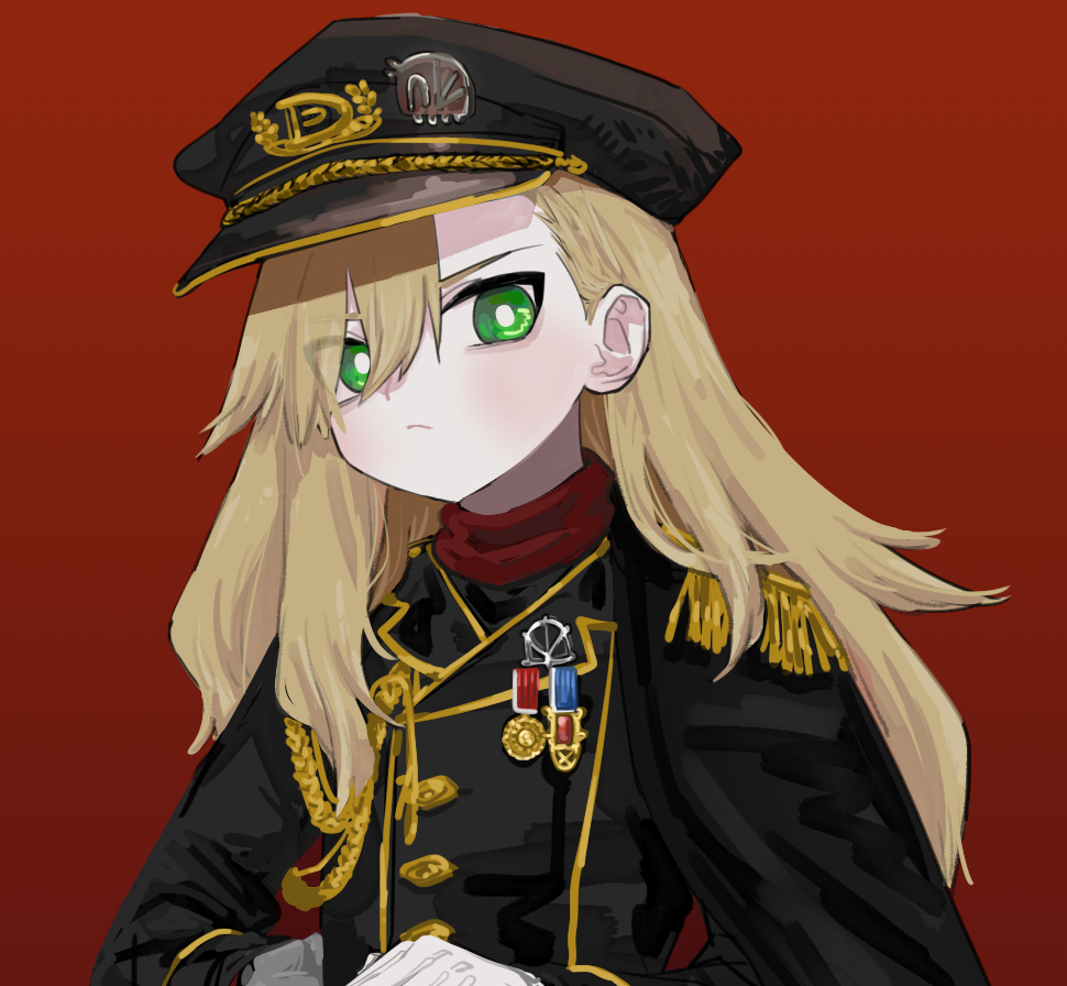 1girl solo green eyes hat military uniform military red background  illustration images