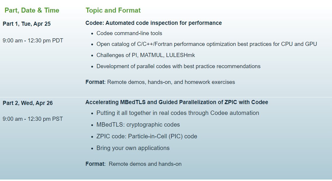 codee_com's tweet image. 🆕training at @NERSC: Learn to Write Accelerated Code at Expert Level with Codee!

🗓️Apr 25, 2023
📍More info: nersc.gov/users/training…

Participants will be able to automatically insert #OpenMP or #OpenACC directives in their code to run on CPUs or offload to accelerator devices.