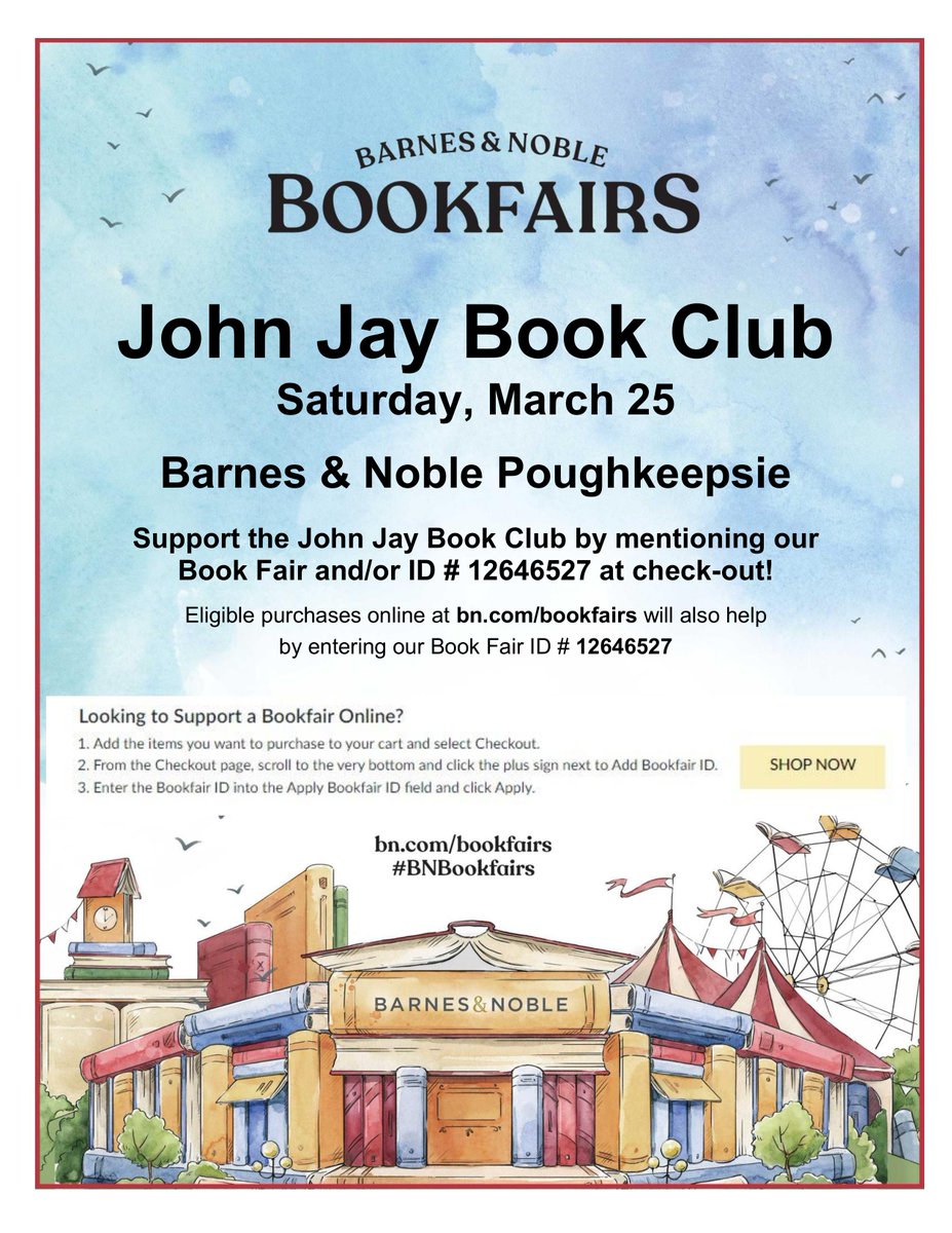 Support the @johnjayseniorhs Book Club this Saturday, March 25 @BNPoughkeepsie by dropping in for a purchase or by visiting bn.com/bookfairs and using our ID #12646527 at checkout! @WCSDEmpowers @ASchout10 @LibraryKetcham @drbonkwcsd @JennySchinella @MCardwell9 #wcsdlibs