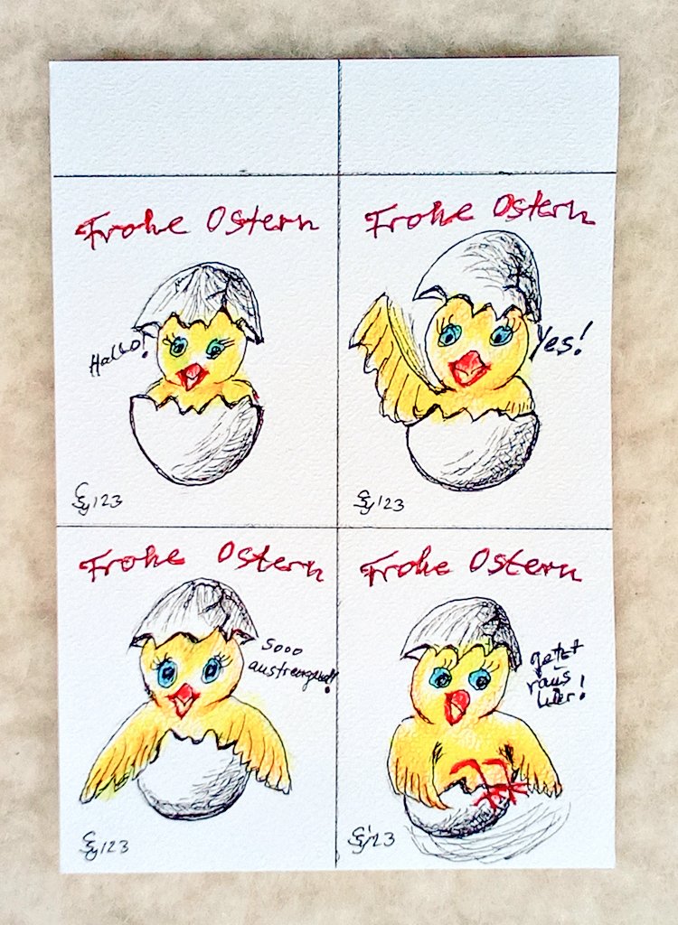 SyllaCarmen's tweet photo. Moin Ihr Lieben 🖌️🌈❣️
@kunsttausch #kunsttausch #kleineKunstklasse #drawing #Easter2023 #ostern #artistsontwitter #makeartnitwar #JoyTrain 
Meine ATCs zum Thema " Vorhang auf" sind sehr frei interpretiert😅🐣
!B https://t.co/z4NX1Yzy8Q