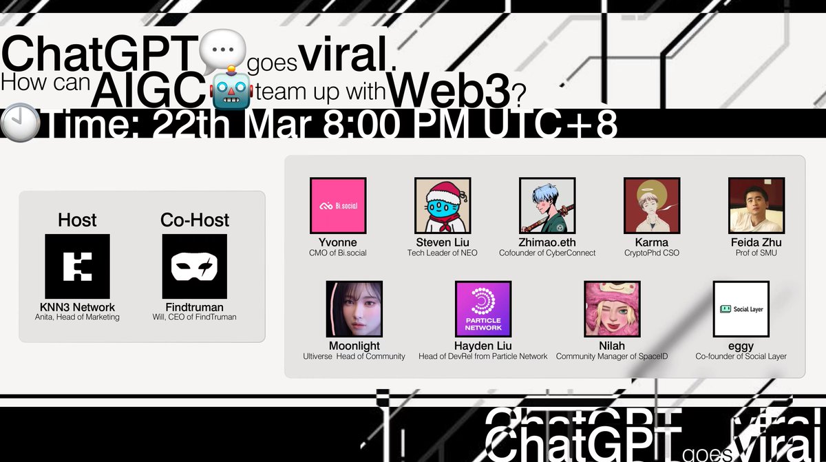 ✨@FindTruman will co-host AMA with @Knn3Network 🤖ChatGPT goes viral. How can AIGC team up with Web3? ⏰20:00(UTC+8),Mar.22 👉twitter.com/i/spaces/1dRKZ… 🥳Guests:@Moon1ightSt @Bitislands_ @particle @zhimao_liu @rendongliu @nilah_bnb @SocialLayer_im @GetaverseGlobal @DrZhu50303545