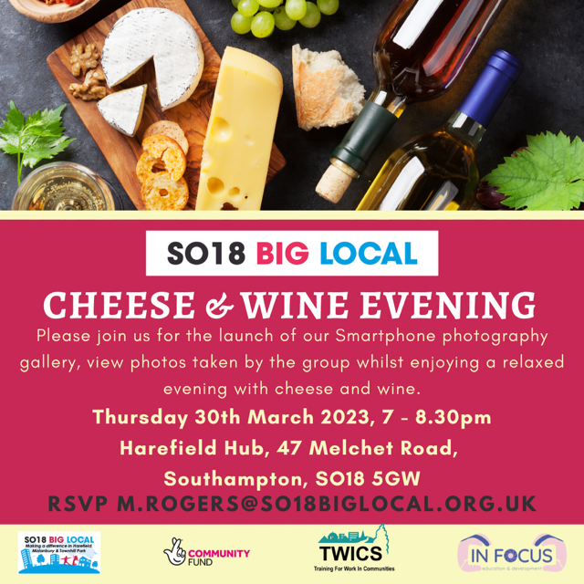 InFocusCIO's tweet photo. Last year In Focus completed a Smartphone Photography course for SO18 Big Local and next Thursday - 30th March, they are hosting the opening of the gallery of amazing results!
RSVP to m.rogers@so18biglocal.org.uk 
#smartphone #photography #gallery #event #so18 #cheese #wine https://t.co/QmuMwQlJ5j