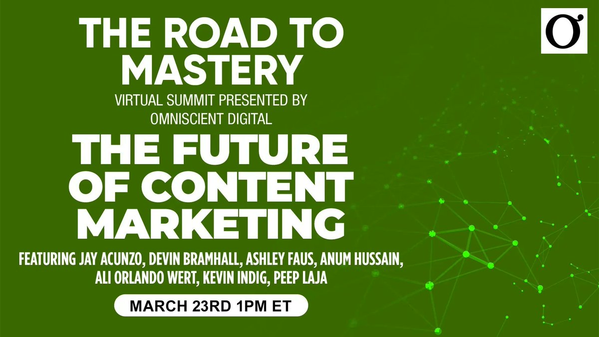 Are you using a content marketing playbook that predates the rise of avocado toast?

<a href="/alliecdecker/">Allie Decker</a> <a href="/ashleyfaus/">Ashley Faus</a> <a href="/Kevin_Indig/">Kevin_Indig</a> <a href="/peeplaja/">Pe:p Laja</a> <a href="/anum/">Anum Hussain</a> <a href="/AliOrlandoWert/">Ali Orlando Wert</a> <a href="/devinemily/">Devin Bramhall</a> <a href="/iamalexbirkett/">Alex Birkett</a> <a href="/jayacunzo/">Jay Acunzo</a> will get you up to speed at The Road to Mastery in 2 days. buff.ly/41WD4WB