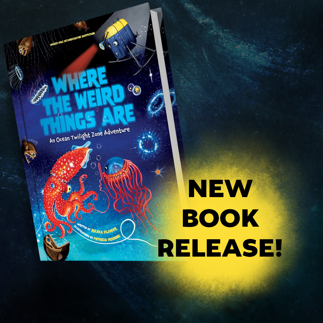 WHOI's tweet photo. 💦 Our first-ever children’s book hits shelves TODAY!

Inspired by the groundbreaking work of #OceanTwilightZone project scientists, #WhereTheWeirdThingsAre follows Meso, an intrepid underwater robot based on the real-life #Mesobot!

Buy at the #WHOI shop: https://t.co/i6Y5MQE6Lv https://t.co/LzjNCBvvNJ