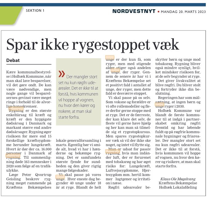 Spar ikke rygestoppet væk, skriver <a href="/cancer_dk/">Kræftens Bekæmpelse</a> lokalforening i Holbæk. 
<a href="/CKrzyrosiak/">Christina Krzyrosiak Hansen</a> er formand for KLs sundhedsudvalg, men kommunen overvejer seriøst at lukke for rådgivning om rygestop.
Det vil øge ulighed i sundhed og give flere patienter i fremtiden
#sundpol #kompol