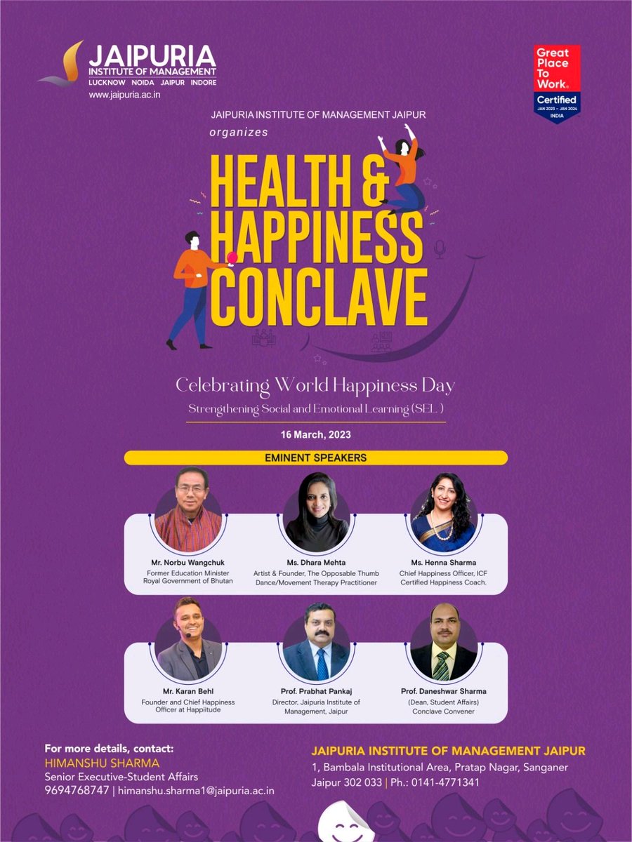_opposabletumb's tweet photo. It was delightful to be part of a lively panel at the #Health &amp; #Happiness Conclave at the Jaipuria Institute of Management, #Jaipur 
Great to be part of dialogues that focus on the importance of sustained inner #Wellbeing
#InternationalDayOfHappiness #FitnessMotivation #healthy https://t.co/yCb7RHsn0E