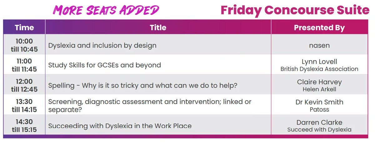 neurodshow's tweet photo. Don't miss out on our Concourse Suite talks - more seats added.
@nasen_org
https://t.co/RinTVSwog9
@BDAdyslexia
https://t.co/nr9aMBHOFM
@ArkellDyslexia
https://t.co/Qk05LeU8fu
@PDyslexia
https://t.co/RS8zcDfhBG
@SWDyslexia
https://t.co/hml4luP28L https://t.co/XAmkGuqzox