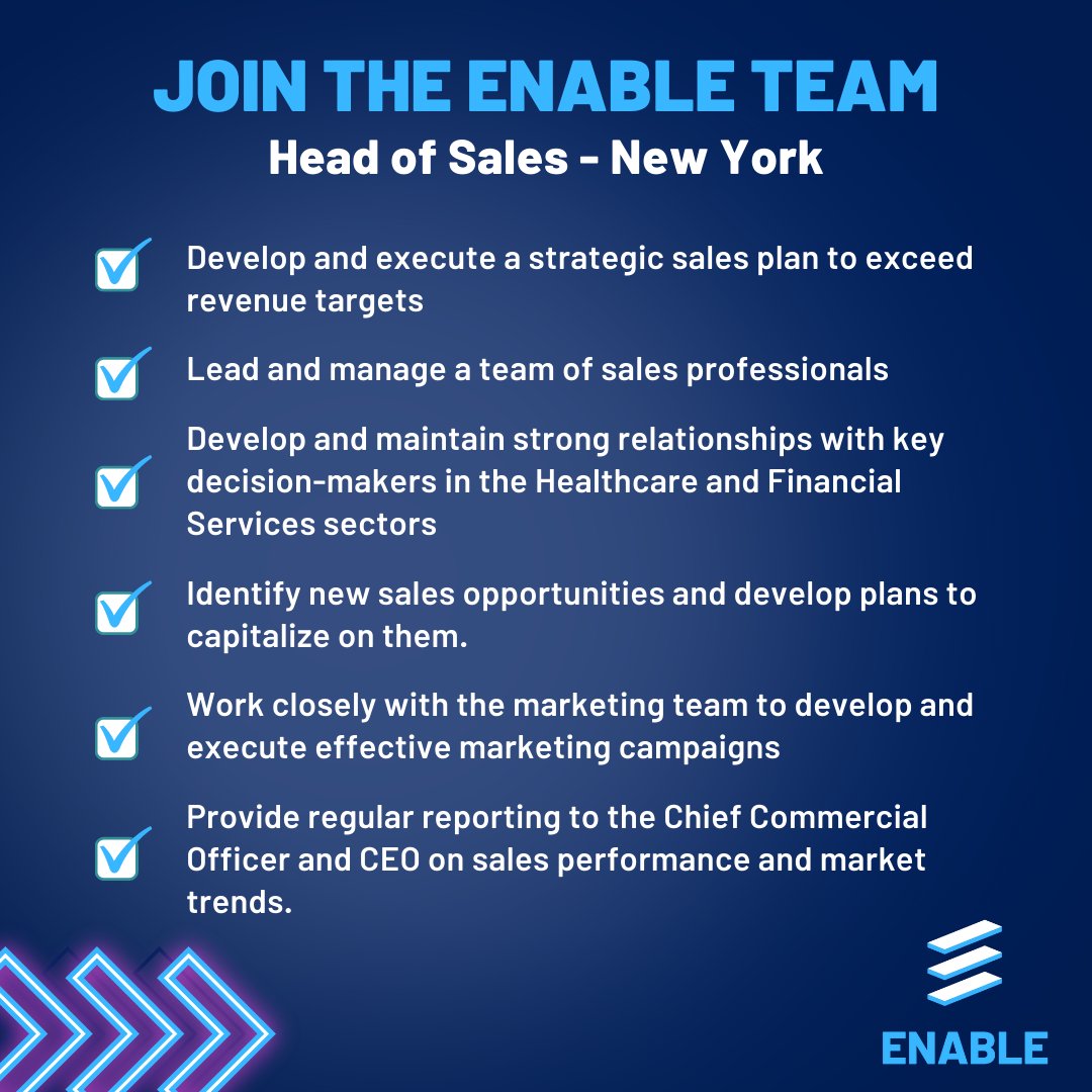 We're looking for an experienced #HeadofSales to lead our #softwaredevelopment team in #NewYork 🇺🇸

Read the full job description and apply here 👉🏼 lnkd.in/g3mMCDf2

<a href="/AndrewLynchMA/">Andrew Lynch</a> 
#Enable #HiringNow #JointheTeam #Sales #BusinessGrowth #acquisition