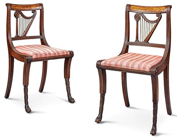 AntiqueDigest's tweet photo. DeWitt family pair of Classical mahogany harp-back klismos side chairs, attributed to Duncan Phyfe (1770-1854), New York, c 1815, sold for $176,400 (est $40,000/80,000) at @Sothebys https://t.co/UJSX1Hn81Y #antiques #antique #Americana #chairs #DuncanPhyfe #Phyfe #Classical https://t.co/fgkc4XoEwU