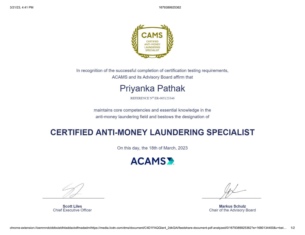 KARM_Legal's tweet photo. Congratulations to Priyanka Pathak, Onboarding Specialist at KARM Legal Consultant on her successful new achievement of the prestigious #ACAMS certification from @ACAMS_AML!

It is a proud moment for us to now have a certified anti-money laundering specialist on our team. https://t.co/YrU4qJQyqi