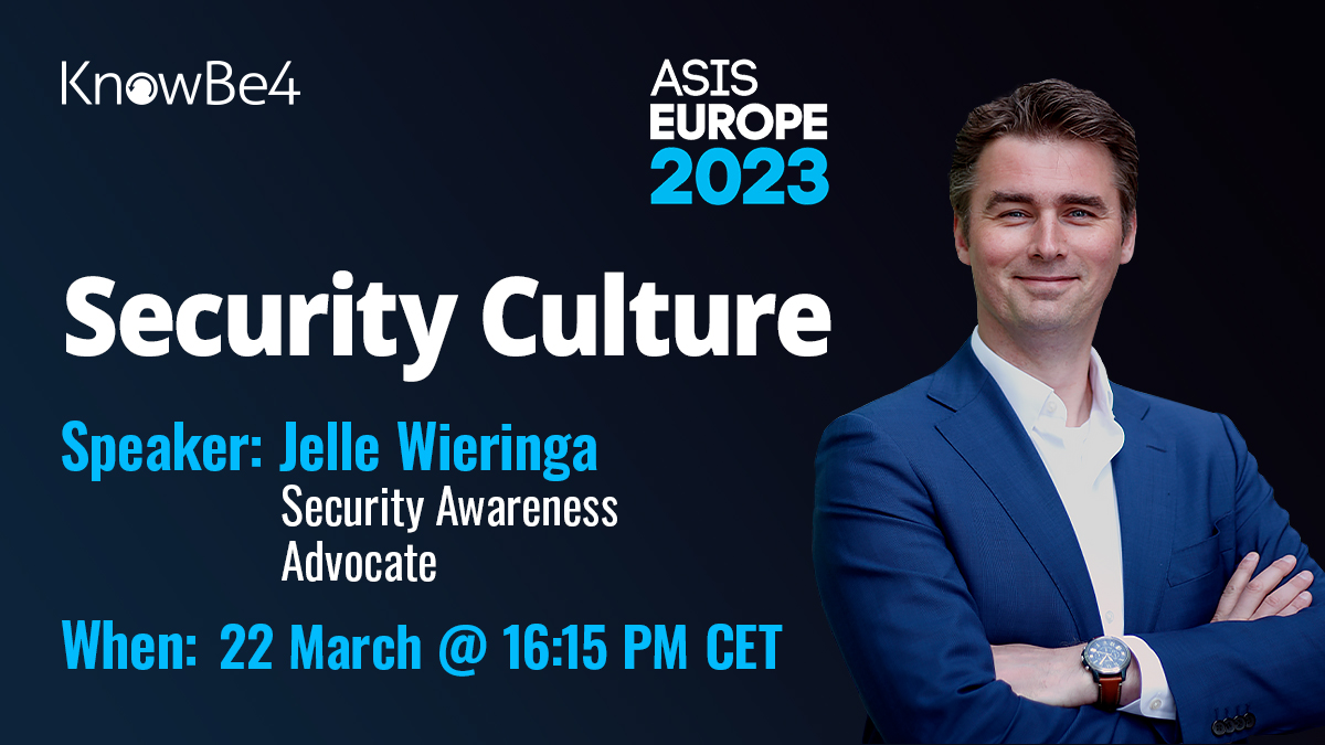 KnowBe4's tweet image. If you&apos;re attending ASIS Europe 2023, make sure to check out KnowBe4 Security Awareness Advocate Jelle Wieringa&apos;s speaking session. Jelle will discuss having a successful security posture. bit.ly/402dVZ6 #asiseurope #myasis