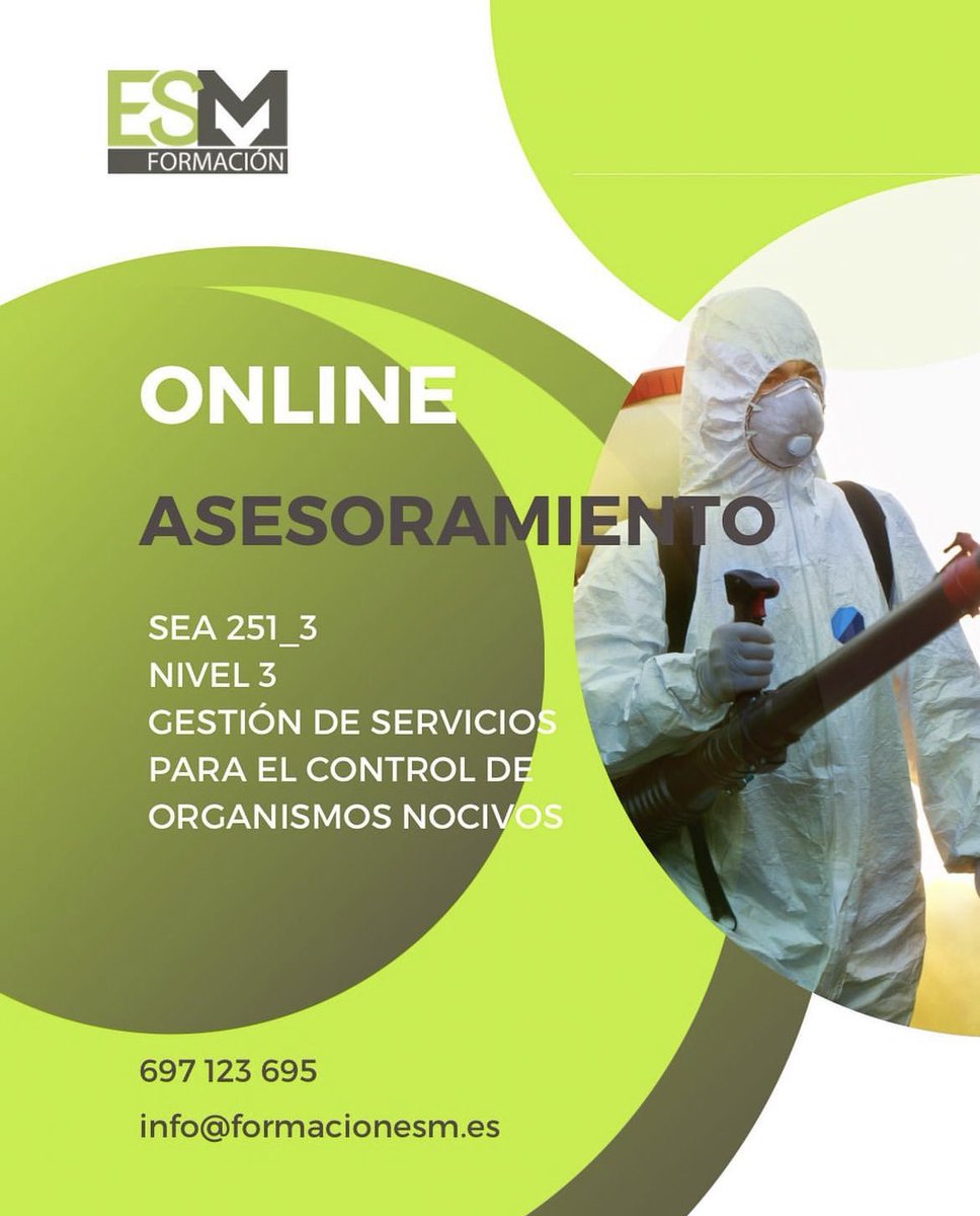 FormacionESM's tweet photo. ¿Quieres obtener el certificado de profesionalidad de nivel 3 de gestión de servicios para el control de organismos nocivos?🧑‍🏫

Te ayudamos con un curso online de asesoramiento para acompañarte en el proceso de convalidación. 

https://t.co/37n3Mm4nz0

#organismosnocivos https://t.co/ka1jEln3IF