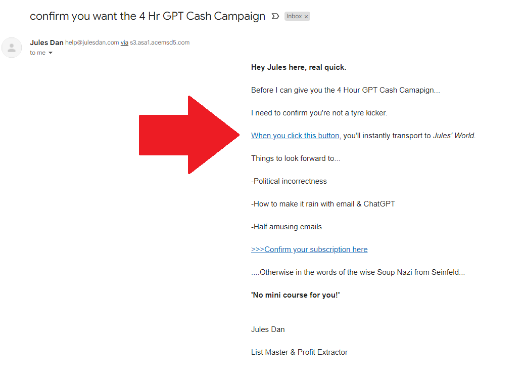 JulesDanCopy's tweet photo. Smaller lists make more money.

How? Well a double opt-in like this filters out all your junk prospects.

Trouble is, they're boring.

Here's mine.

At least give em' something to look foward to. https://t.co/NOFm63IXO3