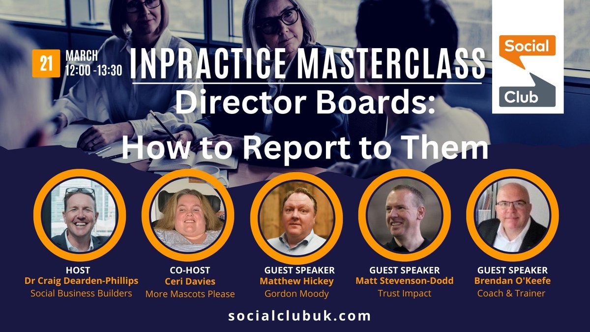 Looking forward to our masterclass today: In Practice Masterclass: 'Boards and How to Report to Them' - Helping you curate management information for your Board and advice on how to use your Board to get the added value you need from them as Trustees or NEDs #leadreship #SocEnt