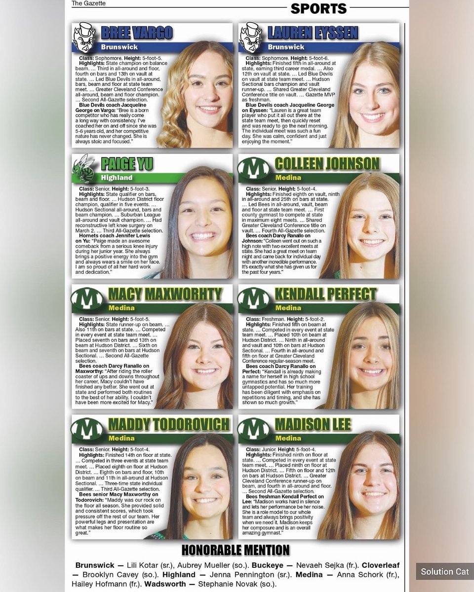 JamaJohnson9's tweet photo. The Medina County All-Gazette Gymnastics Team printed today. Look at all that green! It has certainly been a fantastic four years for Colleen and the Bees. We are looking forward to watching her teammates continue their success in seasons to come. https://t.co/BPdTel5BQh