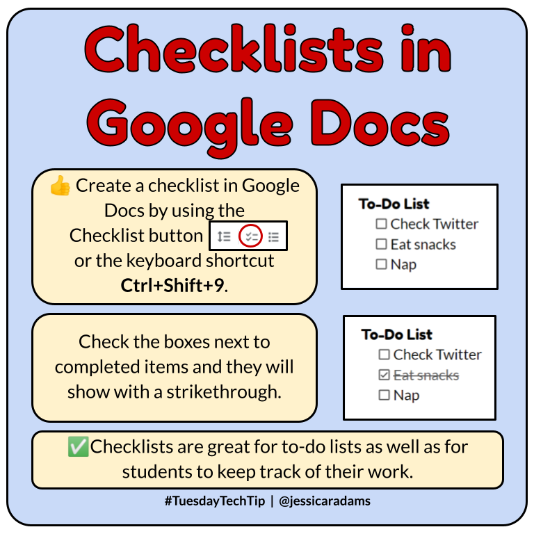 jessicaradams's tweet photo. 👍 It's time for a #TuesdayTechTip! Stay organized by using checklists in @googledocs. 
@GoogleForEdu #GoogleET #AllTheTabs https://t.co/69q89iepZT