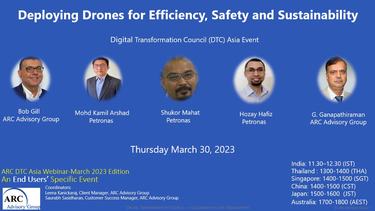 arc_advisory's tweet photo. Please join us for the upcoming DTC Asia meeting on March 30, 2023, Online at 11:30 AM India Time | 2 PM Singapore Time. In this webinar, Petronas speakers will share the benefits and challenges in deploying drone technology and more.

Click below:

https://t.co/u3vPEqENvL https://t.co/jmWaJ5FRUr