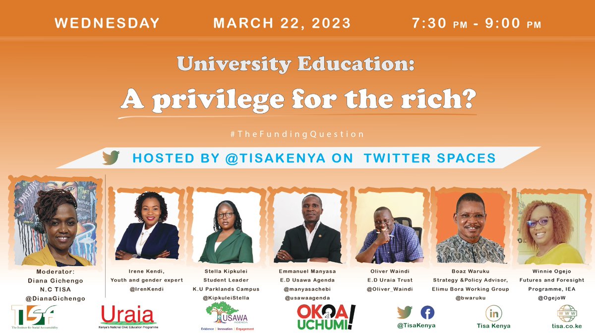 TISAKenya's tweet photo. 📢 Is university education becoming a privilege for the rich? A question we will be discussing at length on Twitter Spaces hosted by @Tisakenya.  Join us tomorrow from 7:30pm and let's discuss #TheFundingQuestion click https://t.co/YobxN7fG0w to set a reminder! https://t.co/p9cG5pUIHx