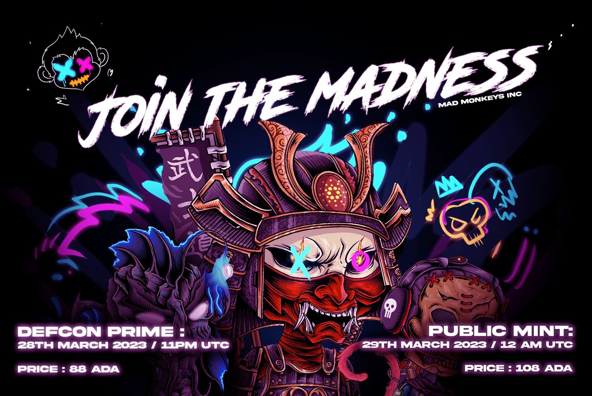 Our friends at Mad Monkeys Inc will be minting very soon and were kind enough to offer us some WL spots! 

🐵Follow <a href="/madmonkeysinc/">Mad Monkeys INC 🤟🐒</a> &amp; <a href="/RagingTuskers/">Raging Tusker Society</a>🦣
🙉Like &amp; RT
🙈Tag 3 #NFT friends! 

⌛️48 hours
💰5 x Defcon Prime WL 

Join the Madness! 

#CardanoNFTs #NFTs #Giveaways #Cardano