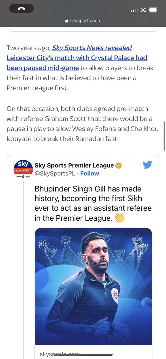 ASADpoddy's tweet photo. @SkySportsPL  why is your tweet about the first ever Sikh as an assistant in the middle of an article about Muslim players opening there fast for Ramadan? 

Is it just fit all the news about ethnic minorities in one article type beat? 

#BLM #Kickitout #Skysports https://t.co/lUjNhEj71D