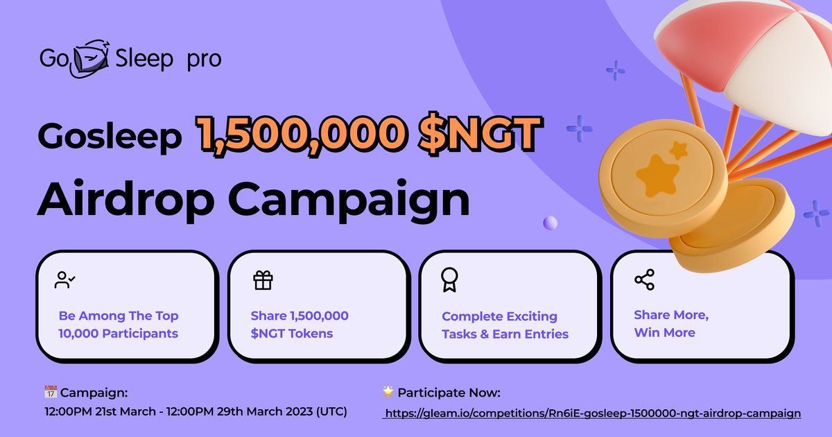 Snoozers, Wake up and get ready!
🚀 It's time for the Gosleep 1,500,000 $NGT Airdrop Campaign!

🙌 Participate in gleam campaign and compete to be among the top participants with the highest scores to win a share of the massive prize pool.

💰 Prize Pool: gleam.io/competitions/R…