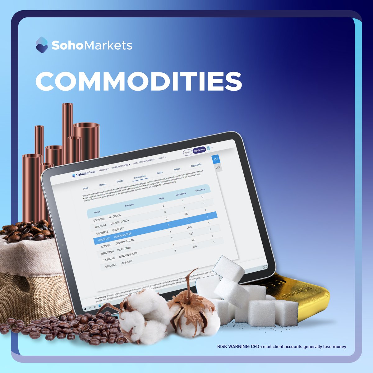 Commodities are materials or goods that used in human activity – such as oil, sugar, precious metals.
Trade with Sohomarkets a wide range of commodities like USCOCOA, UKCOFFEE, USCOTTON and many more. 
🟥Find out more about us at▶️𝐡𝐭𝐭𝐩𝐬://𝐰𝐰𝐰.𝐬𝐨𝐡𝐨𝐦𝐚𝐫𝐤𝐞𝐭𝐬.𝐞𝐮