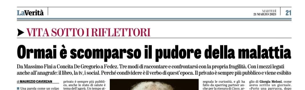 GiusCandela's tweet photo. "Ormai è scomparso il pudore della malattia", scrive La Verità. Nel mirino Fini, De Gregorio e Fedez. Secondo me è scomparso il rispetto verso il malato che poi tutto si racchiude in una semplice domanda: tu chi cazzo sei per dirmi come devo vivere la mia malattia? https://t.co/KC0cgdfJ8Q