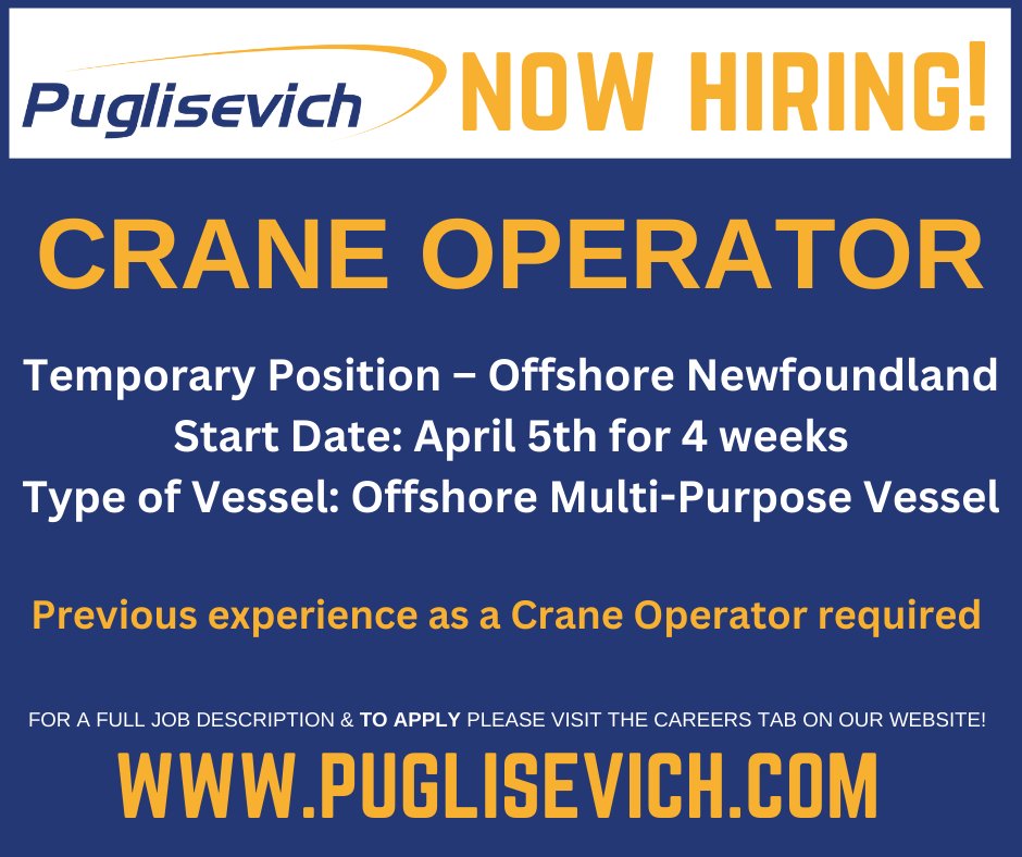 NOW HIRING - CRANE OPERATOR
                   
To apply click the link below: 
appone.com/MainInfoReq.as…
 
#puglisevich #offshore #newfoundland #craneoperator #marinejobs #offshorejobs #marineindustry #hiring #vacancies #recruiting #careers #nowhiring #jobsearch #job #applynow