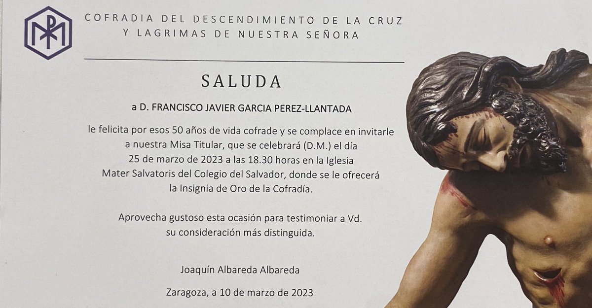 El 25 de marzo me entregan la insignia de oro por mis 50 años como cofrade acompañando al Descendimiento de Nuestro Señor de la cruz y a Nuestra Señora de las Lágrimas. Todo un honor y un orgullo