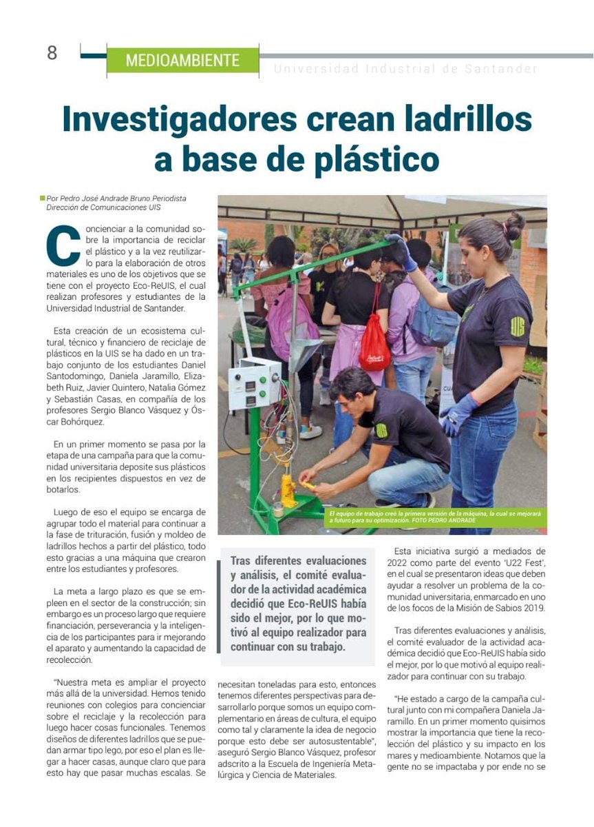 EIMCM_UIS's tweet photo. En la edición 226 de Cátedra Libre 🗞️ podrás enterarte del proyecto de reciclaje que realizaron estudiantes y profesores de la #EIMCM @UIS y de otras escuelas 👉 https://t.co/GsGk8heR0M
Felicitamos al equipo ECO-REUIS que ganó el primer puesto en el evento '#U22Fest'. ♻️💚 https://t.co/AlUsZNE00B